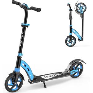 TONBUX Kick Scooter for Ages 6+, Dual Suspension Kids Scooter with Lightweight Aluminum Frame, Adjustable Handlebar Scooters for Kids, Teens and Adults (Black+Blue)