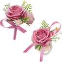 AuroraAria Pink Corsage and Boutonniere Set, Silk Prom Corsage Wristlet Band Bracelet for Homecoming, Wedding, Prom Suit Accessories