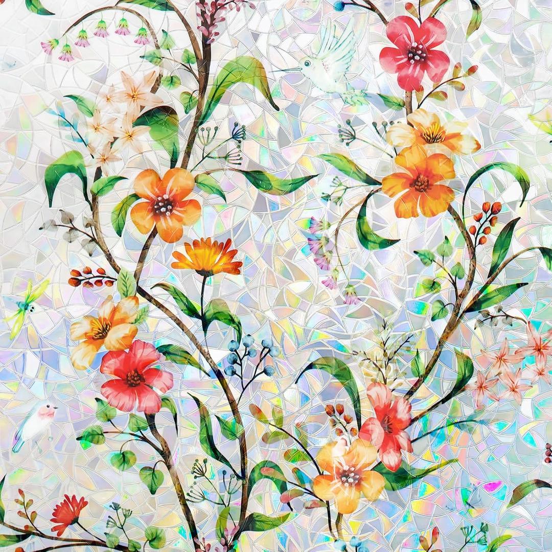 Stained Glass Window Privacy Film Static Cling Decorative Rainbow Window Film, No Adhesive UV Blocking Sun Cling for Bathroom, Bedroom, Glass Doors, Removable Floral, 23.6 x 78.7 in