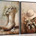 2pcs Vintage Western Cowgirl Canvas Wall Art daisy Cowgirl Boots & Hats Posters Rustic Farmhouse Pictures Trendy Preppy Dorm Room Wall Decor Western Floral Painting Country Style Prints (Unframe) 12x16in and 16x24in