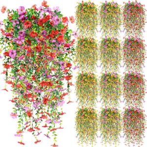 Hoteam 12 Pack Artificial Hanging Flowers Plants for Outdoors 30 Inch UV Resistant Fake Plastic Faux Artificial Plants Bulk for Planter Porch Patio Yard Garden Wedding Wall Indoor