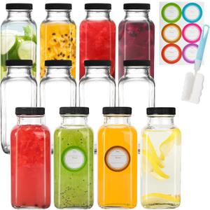 12 Pack 12oz Glass Juice Bottles with Lids - Juicing Bottles Reusable Glass,Drinking Jars with Airtight Lids & Cleaning Brush - Perfect for Juicing, Kombucha, Wellness Shots, and Storage