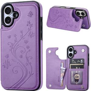 Wallet Case Compatible with iPhone 16 6.1, Slim Protective Case with Card Holder,Premium PU Leather Kickstand Card Slots Case with Double Magnetic Clasp-Purple