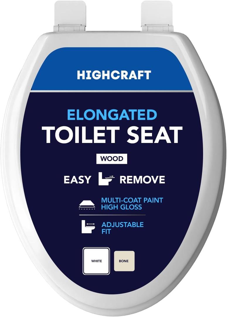 HIGHCRAFT Premium Elongated Toilet Seat with Adjustable Hinges & Quick Removal Mechanism - Molded Wood Toilet Seat - Fits Standard Elongated Toilets - Oval Seat in White