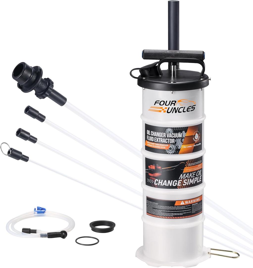 FOUR UNCLES 6.5L Manual Oil Extractor Pump for Automotive, Vacumm Fluid Extractor with Pump Tank Remover & 4 Tubes for Oil Change and a Brake Bleeder Hose for Brake Fluid Change