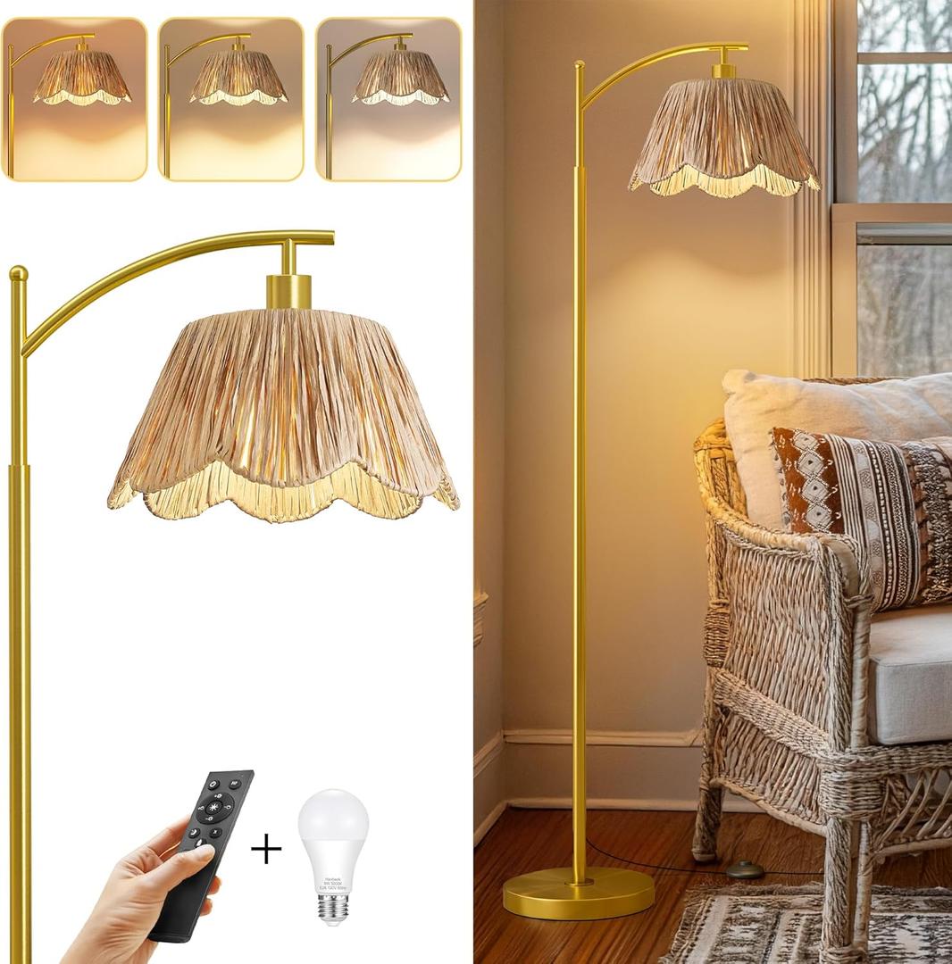Oneach Boho Floor Lamp with 3 Color Temperatures, Farmhouse Floor Lamps for Living Room with Remote & Dimmable Bulb, Rattan Floor Lamp for Bedroom, Gold (62.1)