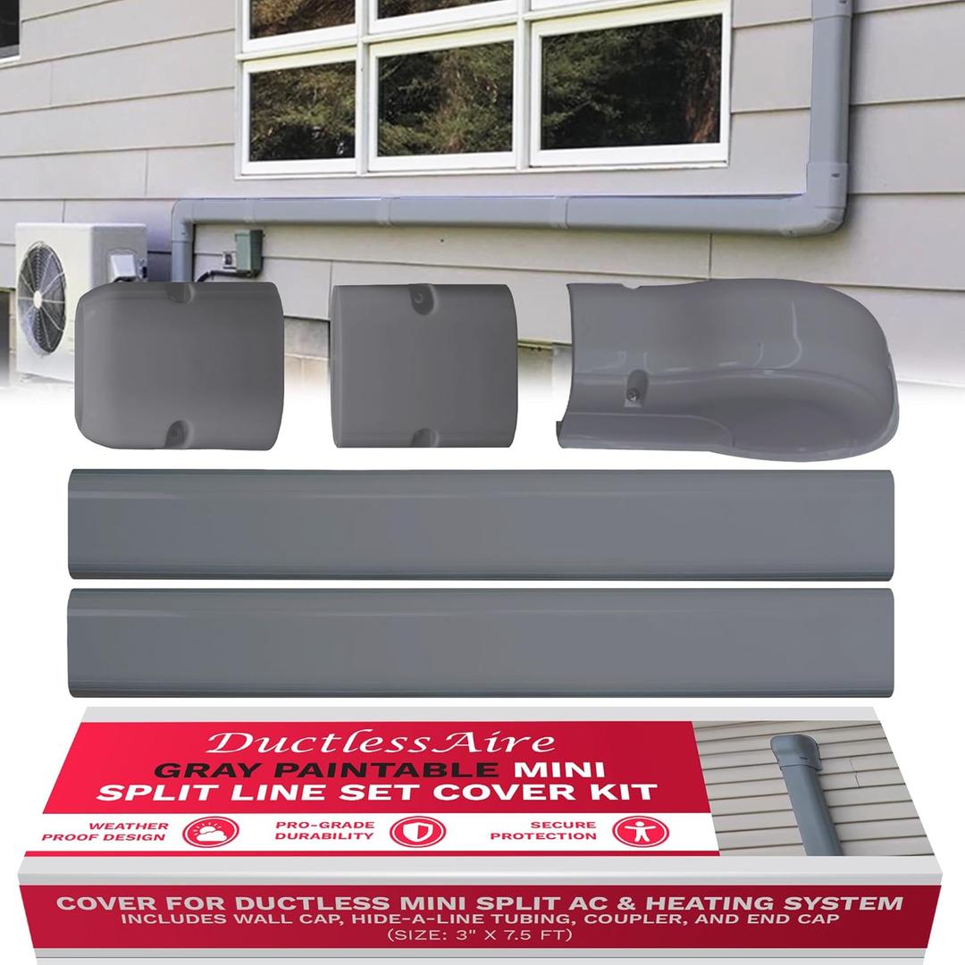 DuctlessAire Mini Split Line Set Cover Kit - Paintable Lineset Cover - Line Set Covers for Ductless Air Conditioner, Mini Split AC/Heating System, HVAC, Central AC Unit, Heat Pump (Gray, 3" x 7.5 ft)