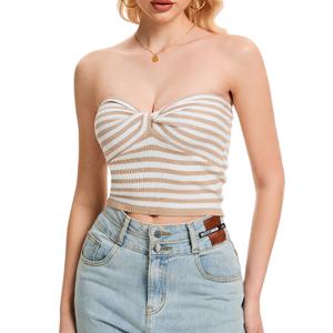 Molirex Bandeau Tops for Women Striped Tube Top Twist Knot Off Shoulder Summer Sweater Strapless Sleeveless Crop Outfits Khaki X-Small (White, XS)