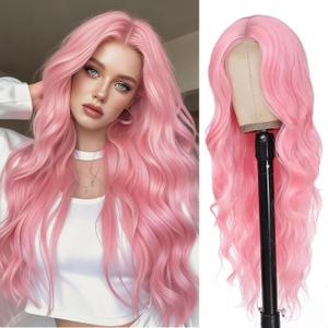 Long Pink Wavy Wig Middle Part for Women 26 Inch Light Pink Curly Wavy Wigs Natural Looking Synthetic Heat Resistant Fiber Wig for Daily Party Use
