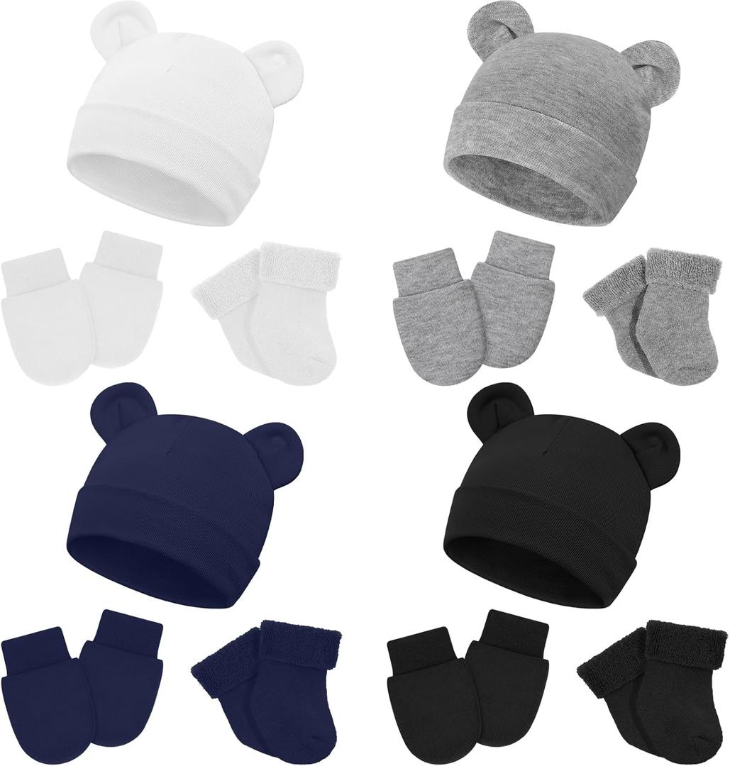 Cuffbow 4 Pcs Preemie Hats Mittens and Socks Set Preemie Mittens Warm Terry Socks for Baby (White, Light Gray, Navy Blue, Black)