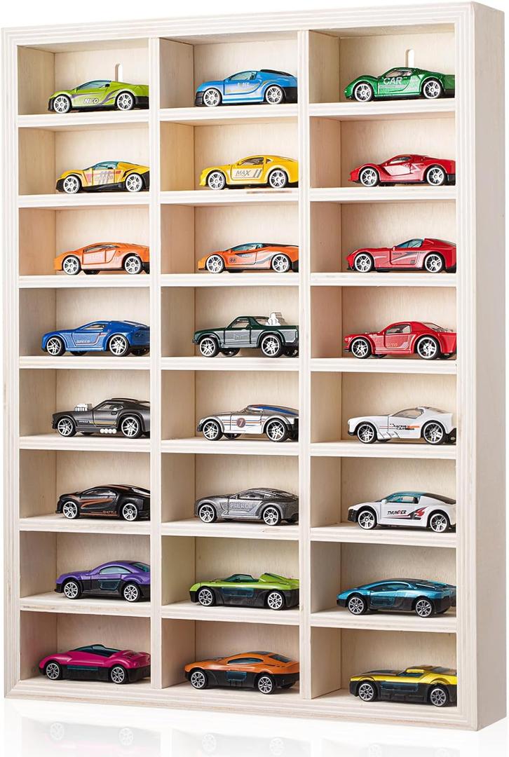 24 Space Toy Cars Wheels Display Case 1: 64 Scale Model Cars Display Shelf Wooden Wall Mounted Die Cast Car Storage Rack for Gift Collectibles Toy Figurines Tiny Cabinet