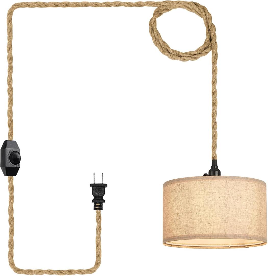 Plug in Pendant Lights Fabric Hanging Lamp Kit with Dimmable Switch 15 Ft Long Hemp Rope Farmhouse Pndant Light Cord Lighting Fixture DIY Hanging Light (Drum 1 Pack)