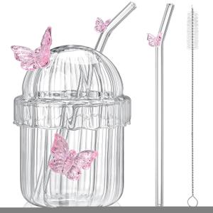 Butterfly Glass Cup with Lid and Straw Vintage French-style Glasses with Vertical Stripes Tea Cup Coffee Mug for Hot and Cold Beverages Juice, Cocktail, Whiskey, Milk(Pink)