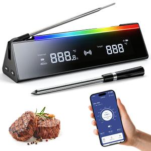 2 in 1 Wireless Meat Thermometer with 1 Wired Probe, RGB Cooking Progress Light, LCD Base, Smart APP Control, IPX8 Waterproof, Digital Food Thermometer for Grill, Smoker, Oven, Sous-Vide & Rotisserie (Black&Gray)