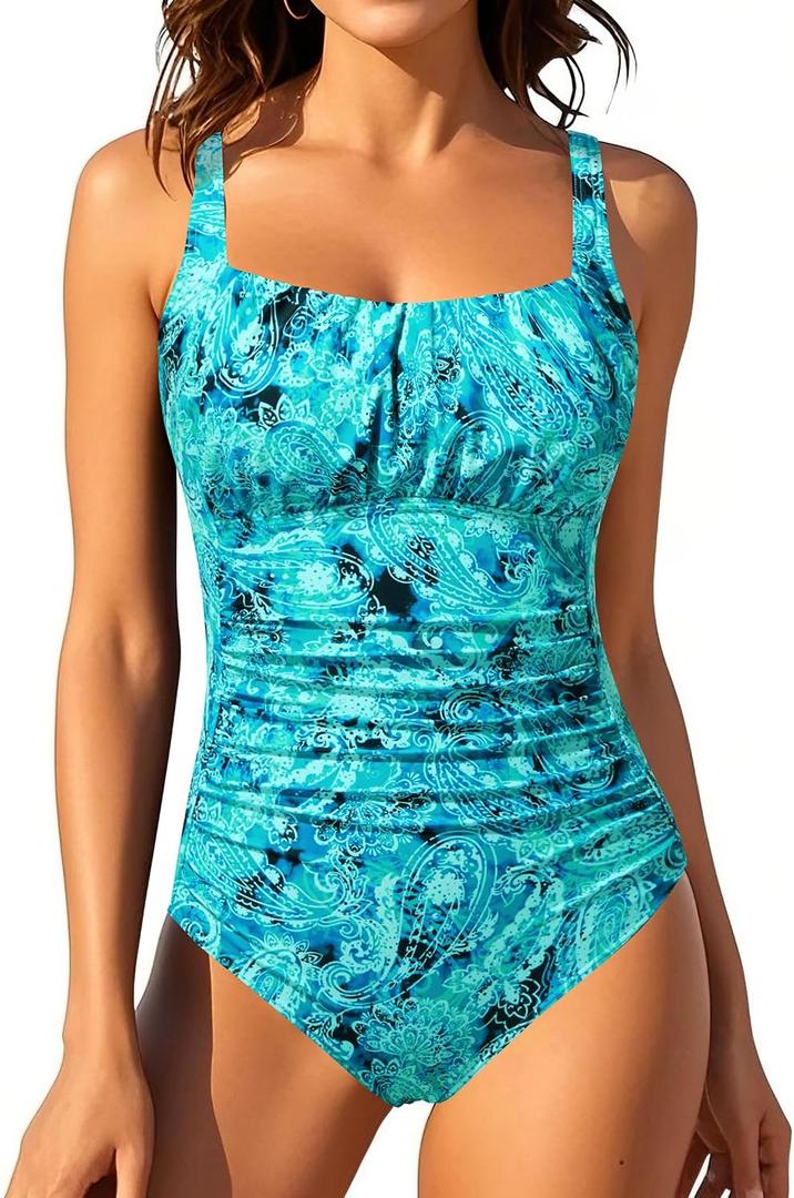 Aqua Eve One Piece Bathing Suit for Women Tummy Control Swimsuit Slimming Vintage Swimwear (Large, Blue Paisley)