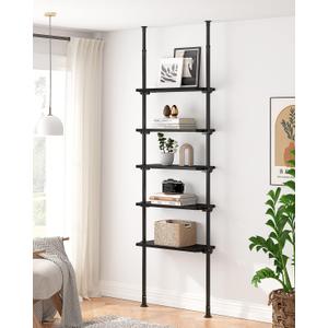 ALLZONE Adjustable Tall Narrow Bookshelf, 5-Tier Floor-to-Ceiling Tension Mount Ladder Book Shelf with Storage for Versatile Uses, Fits 92-116 Inch Ceilings, 27.84-Inch Wide Wood Shelves, Black Relief