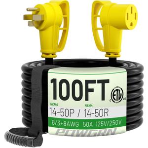 POWGRN NEMA 14-50P to NEMA 14-50R 50 Amp RV/EV Extension Cord 100 FT Outdoor with Grip Handle, Flexible Heavy Duty RV Power Cord Waterproof, 50A 125/250V 6250/12500W STW, Black-Yellow, ETL Listed