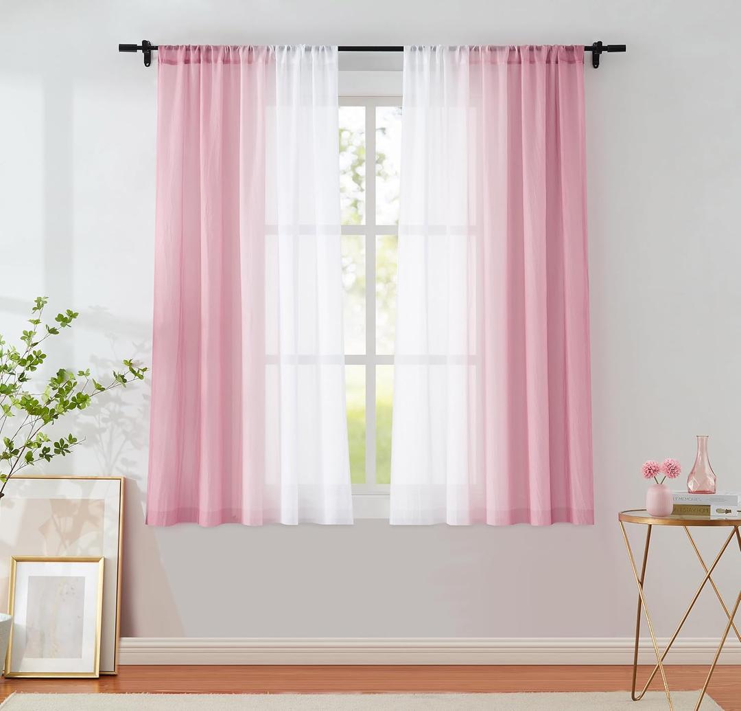 Pink Ombre Chiffon Sheer Curtains for Living Room Bedroom, Gradient Crinkle Semi Voile Curtain Panels for Small Window Light Filtering Window Drapes for Laundry Room Rod Pocket, 2 Panels, 52"Wx54"L