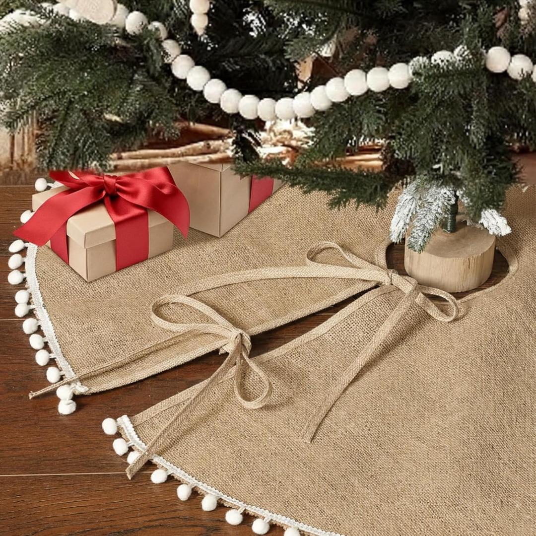 Syhood 36 Inch Christmas Tree Skirt Khaki Christmas Linen Burlap Tree Skirt Base Cover with Pom Trim for Xmas Winter Home Decorations Holiday Family Party All Year