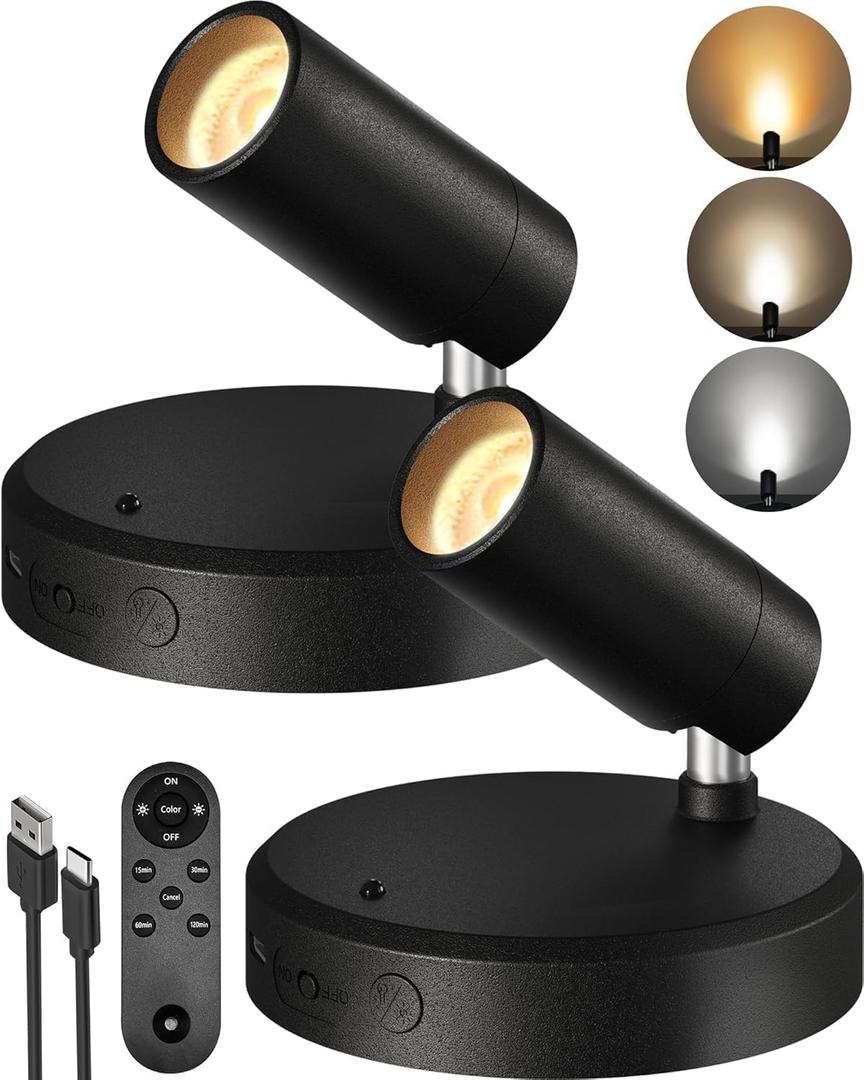 EZVALO Spotlights Indoor with Remote, 5500mAh Rechargeable Picture Lights, Wireless Uplights with Timer & Dimmable, 3-CCT, Accent Lighting for Plant, Art, Painting, Gallery, Wall Decor (2-Pack Black)