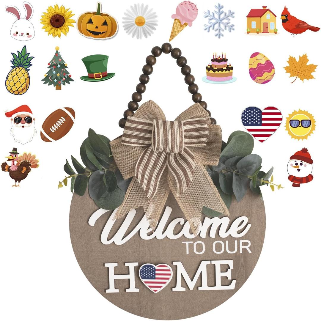 Welcome Sign for Front Door Wreath Decorations for All Seasons Front Porch Decor Hanging Gift for Farmhuose Home Outdoor IndoorBrown KB)