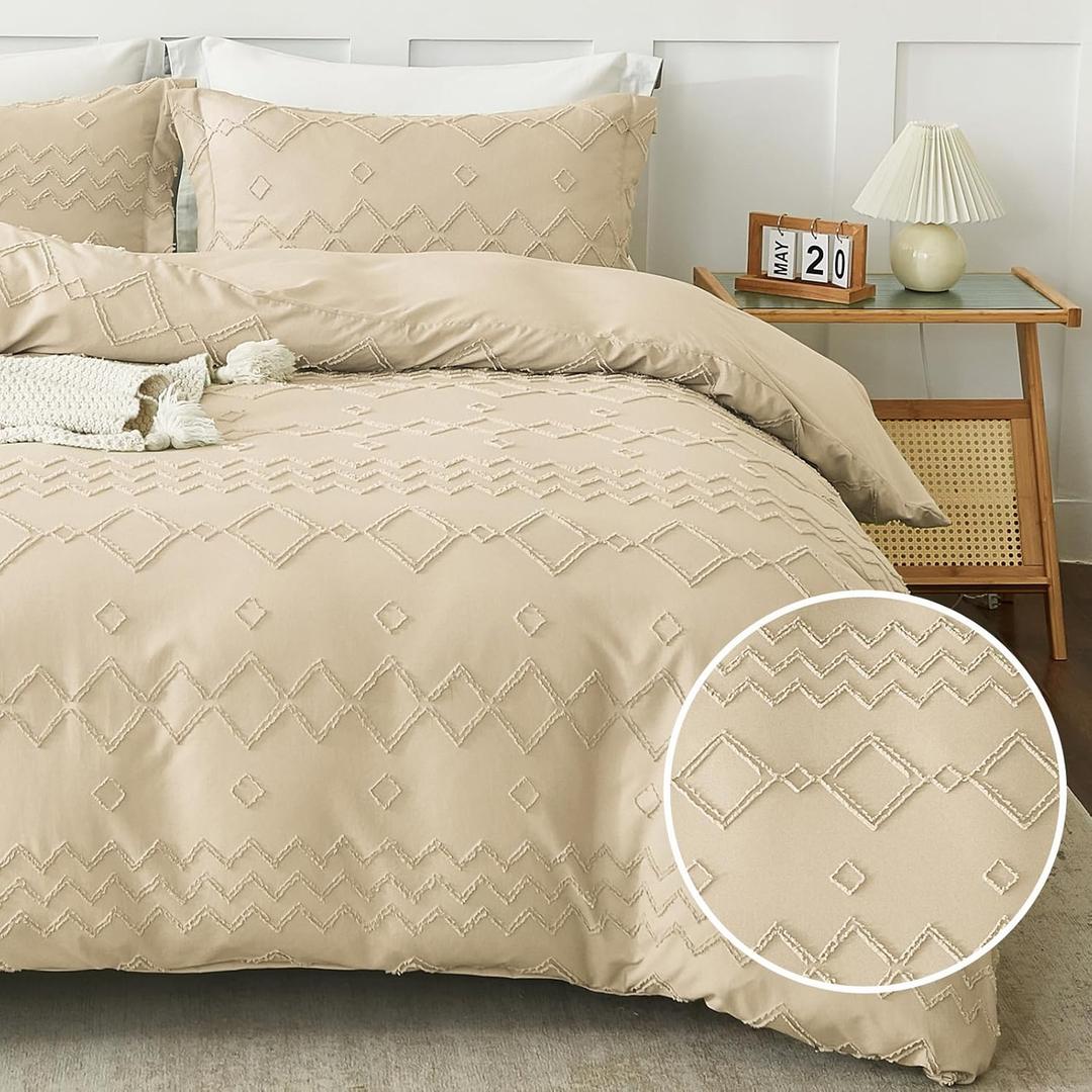 EMME Duvet Cover Set Microfiber, Tufted King Duvet Cover Set, Boho Bedding Sets for All Seasons, 3 Pieces Embroidery Chic Duvet Cover Full, 1 Duvet Cover + 2 Pillowcases (Beige, King)