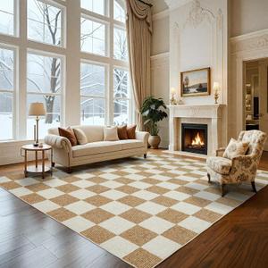 Washable Rug 8x10 Checkered Rug, Beige and White Area Rug, Boho Large Rugs for Living Room, Low Pile Lightweight Indoor Carpet with Non-Slip Backing for Bedroom Classroom Playroom Kids