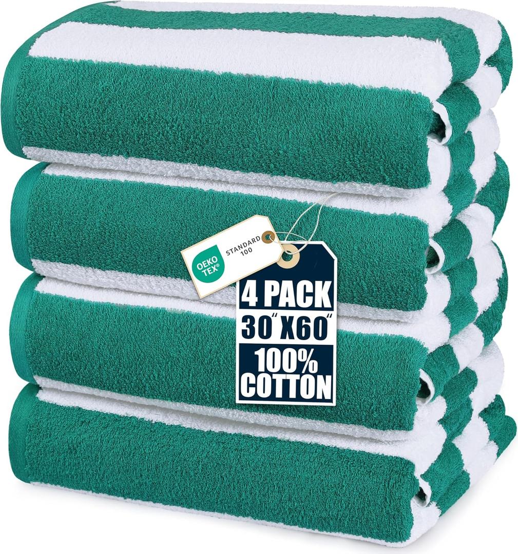 Utopia Towels Pack of 4 Cabana Beach Towels, Oversized 30 x 60 Inches Cotton Beach Towel Set, Smooth Ring Spun Texture for Pool and Swim Days, Modern Striped Design Bath Towels Green