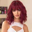 Lihui Red Wigs With Bangs Short Wavy Wig for Women 14 Inch Wine Red Curly Shoulder Length Bob Wigs Synthetic fiber Hair for Daily Party Use