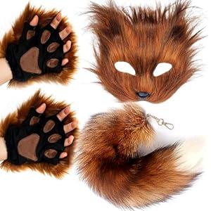 Valpeak Therian Mask and Tail Set for Girls Halloween Cat Mask Tail Cosplay Fox Mask Wolf Tail Over 1 Years Old(Flame)