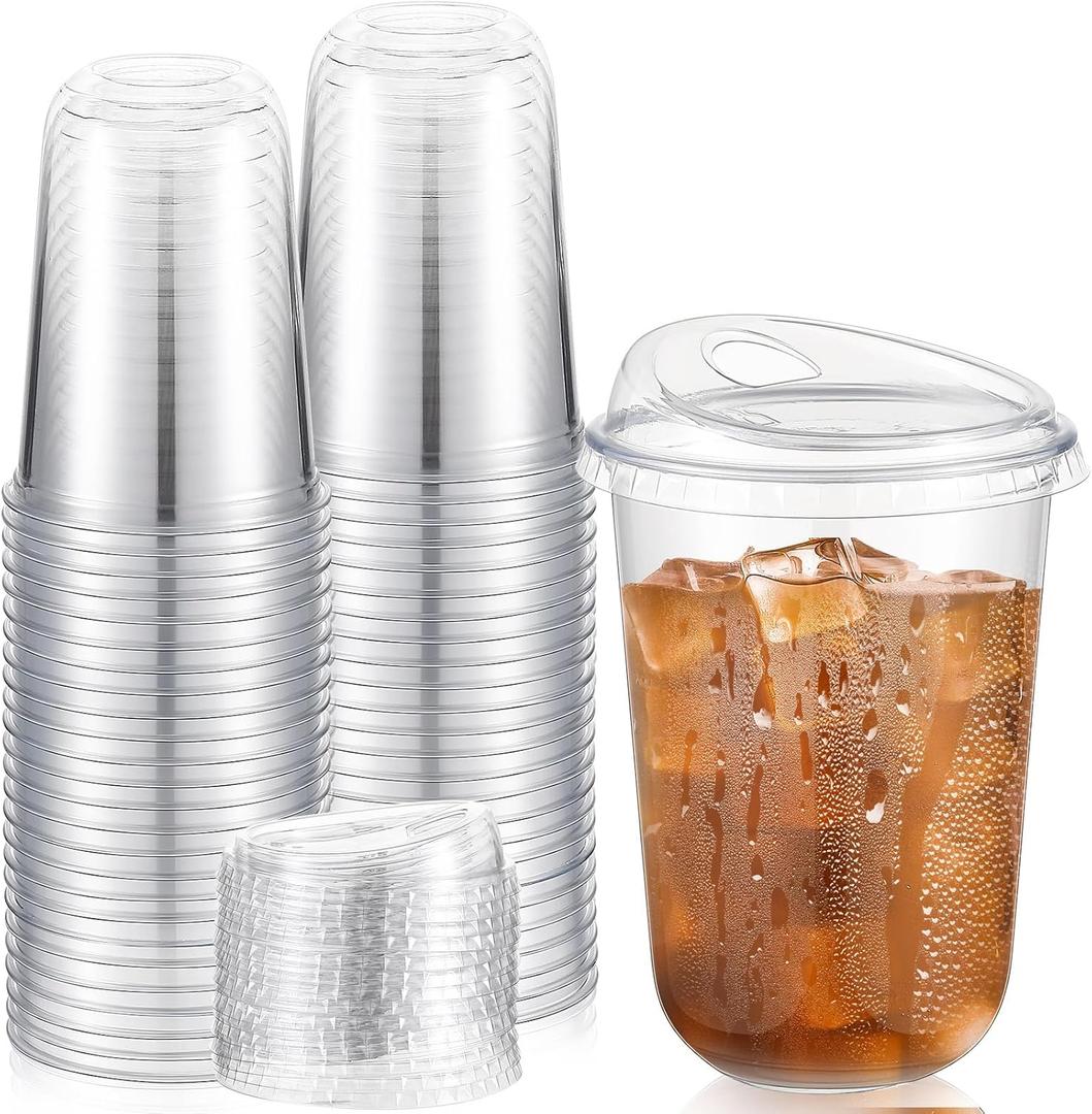 50 Sets Clear Plastic Coffee Cups with Sip Lids, Disposable Plastic PET Crystal Cups for Iced Coffee, Smoothie, Cold Beverage, Drink Shops and Party Catering(Clear,16 oz)