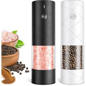 Electric Salt and Pepper Grinder Set, Rechargeable Automatic Pepper Mill Grinder with LED Light Gifts for Women, Adjustable Coarseness shakers, One-Hand Operation for Kitchen Essentials (Rechargeable-Upgrade Black/White 2PC)