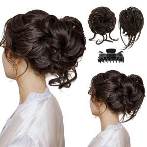 SARLA 2PCS Dark Brown Messy Bun Hair Pieces for Women Detachable Claw Clip Wavy Curly Synthetic Hairpieces for Updos with Tendrils Fake Scrunchies Ponytail Extension