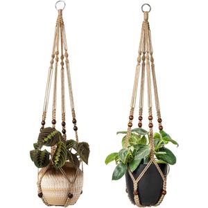 Macrame Plant Hangers Indoor 36'' Hanging Planter Basket Flower Pot Holder with Beads No Tassels.Brown 2 Packs 4 Pcs Hooks
