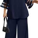 AOVDE Plus Size Pant Suits 2 Piece Casual Dressy Pantsuits Mesh Panel Bell Sleeve Outfits for Women Evening Dinner Party (Blue)