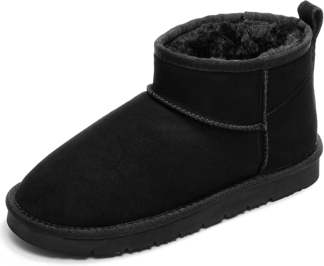 OOW 100% Genuine Suede Ankle Low Boots for Women Short Winter Snow Boot with Cozy Fur Lined (5.5, Black)