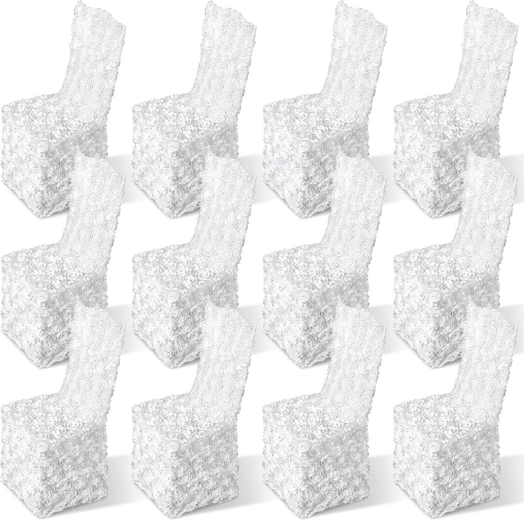 Moukeren 12 Pcs White Rosette Throne Chair Cover Satin Rosette Stretch Banquet Spandex Fitted Chair Cover for Wedding Party Banquet Catering