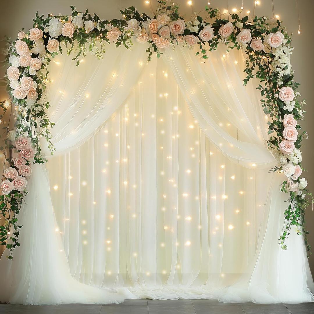 Fomcet Ivory Backdrop Curtains with Lights String 10X10FT Polyester Fabric & Tulle Curtains Backdrop Drapes for Back Drop Photoshoot Baby Shower Birthday Party Decor 2 Panels 5x10FT (10FT10FT)