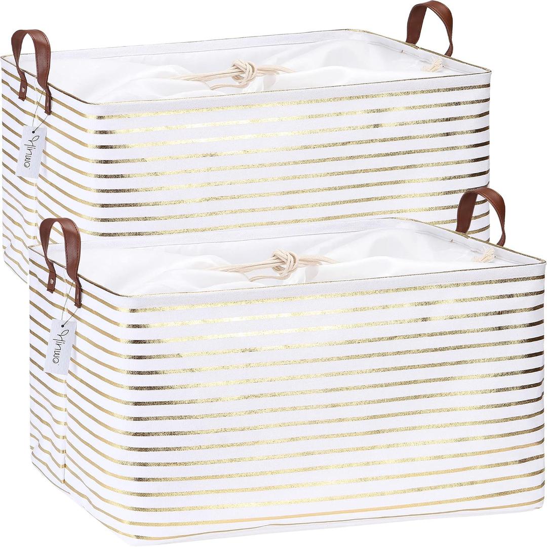 Hinwo 70L Extra Large Storage Bins, 2-Pack Closet Organizers and Storage, Foldable Clothes Storage Baskets with Handles, Containers for Clothing, Blanket, Comforters, Toys, Bedding (Gold Stripe)