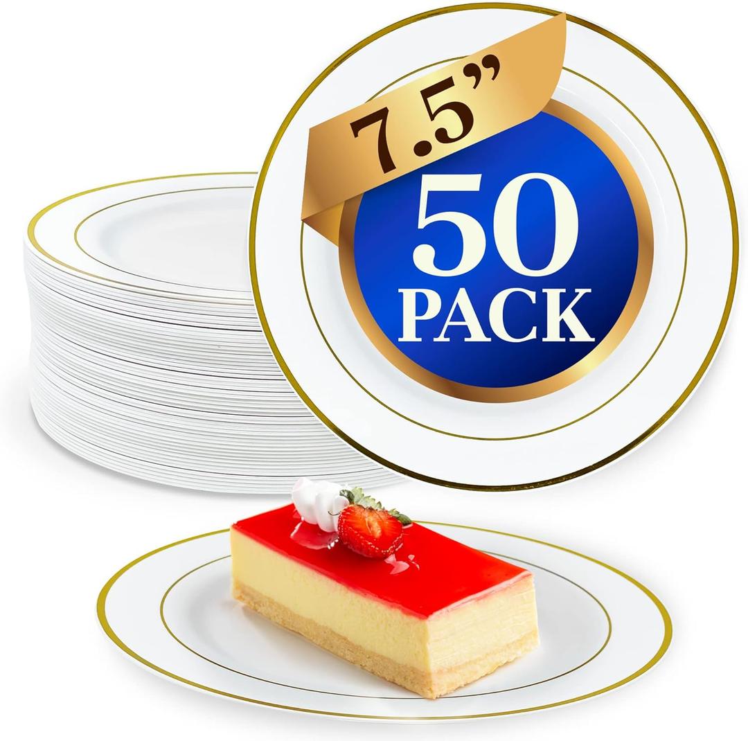 Reli. 50 Pcs Plastic Dessert Plates, Disposable (7.5 inch, White w/Gold Rim) | Small Plates for Party, Heavy Duty | Hard Plastic, for Dessert, Wedding, Birthday, Salad/Appetizer (7.5") Reli. 50 Pcs Plastic Dessert Plates, Disposable (7.5 inch, White w/Gold Rim) | Small Plates for Party, Heavy Duty | Hard Plastic, for Dessert, Wedding, Birthday, Salad/Appetizer (7.5")