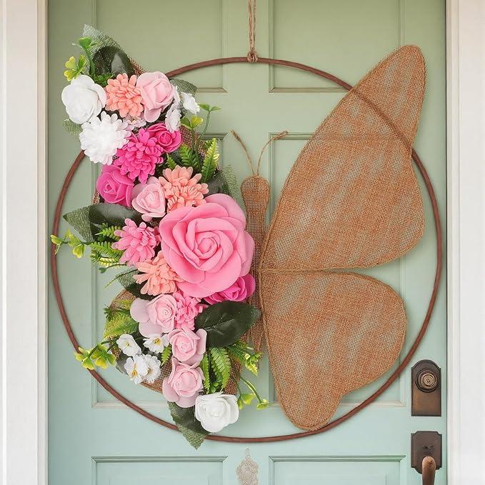 Suncalla Butterfly Shaped Wreath Spring Wreath for Front Door 13.7 x 11.8 in Butterfly Spring Door Decor with Artificial Floral Green Leaves for Outside Window Wall Home Farmhouse Decor