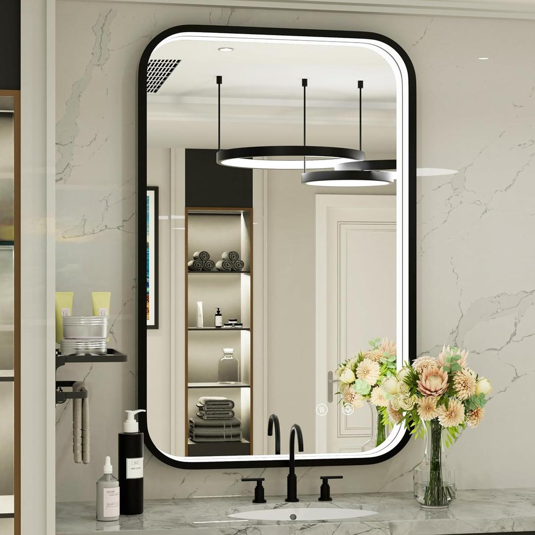 24x36 Inch LED Bathroom Mirror, 3000K/4500K/6000K Lights, Dimmable, Anti-Fog, ETL Listed, IP54 Waterproof, Memory, Black Aluminum Frame, Wall Mounted Lighted Vanity Mirror for Bathroom