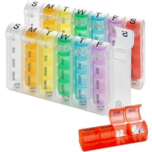 Weekly Pill Organizer - (Pack of 2) Pill Planners for Pills & Vitamins Each Day Week, Four Times-a-Day Medication Reminder, Easy to Read AM/PM Compartments Monday to Sunday for Travel & Purse (Multi)