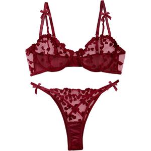 Lilosy Sexy Underwire Cute Push Up Strappy Embroidered Mesh Sheer Lingerie Set See Through Panty Bra (Medium, Bow Burgundy Red)
