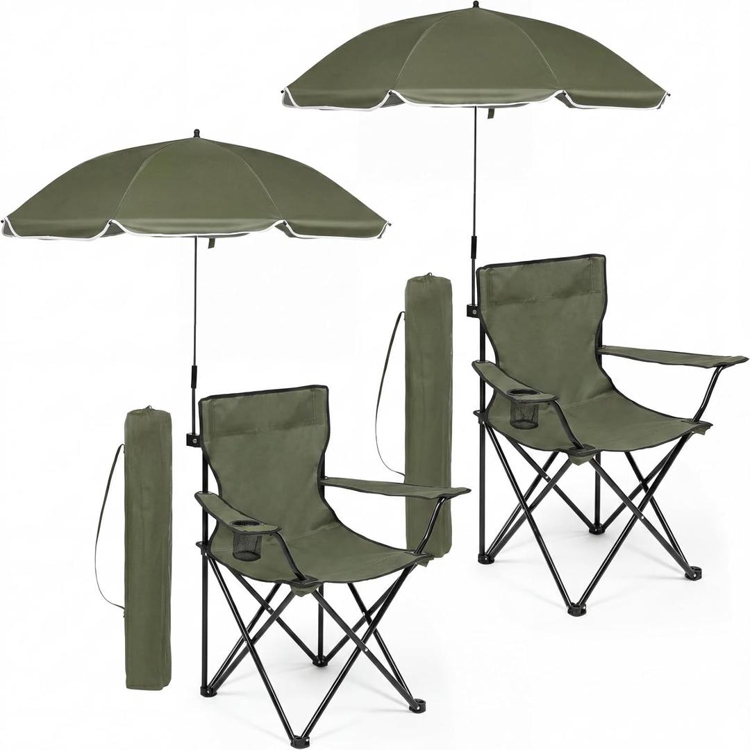 2 Pack Beach Umbrella Chairs Folding Camping Portable Beach Chairs with Canopy Shade Adults with Cup Holder Carrying Bag for Camping Hiking Travel Picnic Outdoor Events(Army Green)