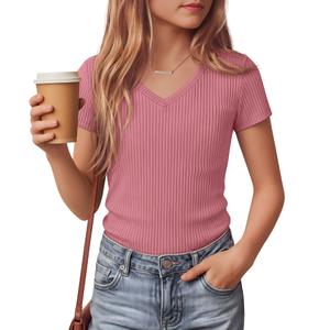 LessonZoo Girls Shirts Short Sleeve V Neck Ribbed Slim Fit Kids Tops Comfy Cute Summer Teen Girl Basic Tees(Peach Pink,5-6 Years)