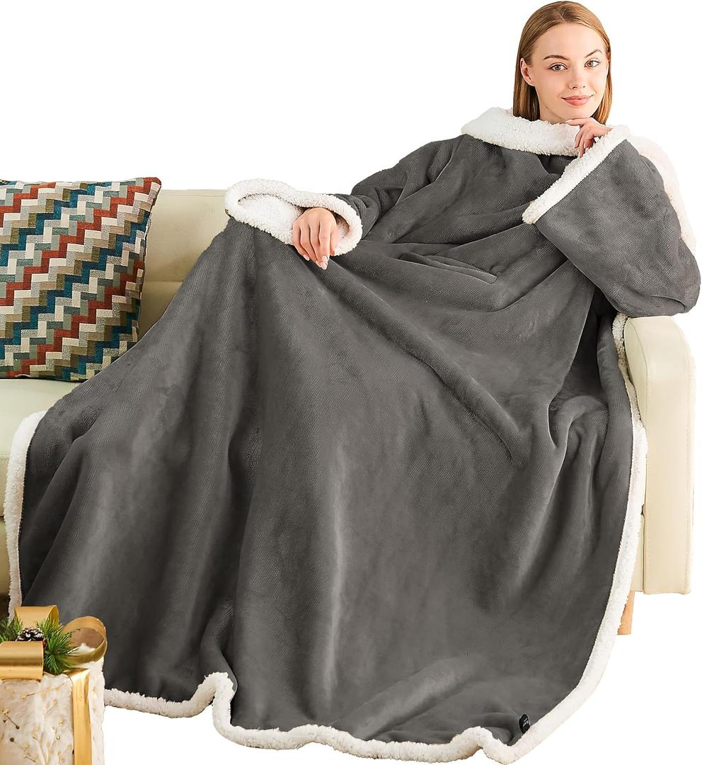 Ramees Sherpa Wearable Blanket with Sleeves and Pockets, Soft Warm TV Blanket Throw for Men and Women (Grey)