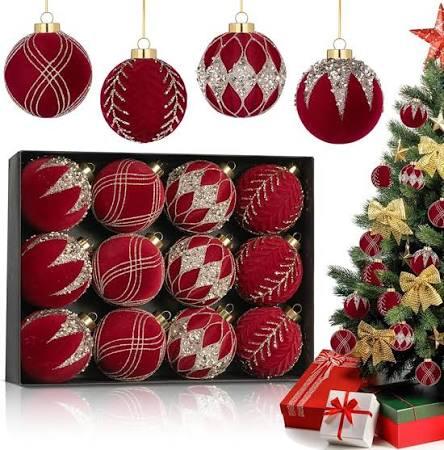 3.15inch Brown Velvet Christmas Ornaments Balls Flocked Christmas Tree Glittering Plastic Balls Xmas Hanging Ornaments  Red