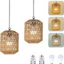HMVPL Battery Operated Chandelier, Rattan Battery Operated Pendant Light with Remote, Boho Outdoor Chandelier for Gazebo, Wicker Gazebo Light, Outdoor Hanging Lamp for Patio Pergola Indoor(2 Pack)