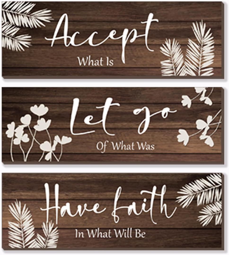 3-Piece Farmhouse Bathroom Accessory Set - Rustic Brown Wooden Wall Signs with Positive Words, Vintage Country Decor for Home Laundry Room (12x4 Inch)